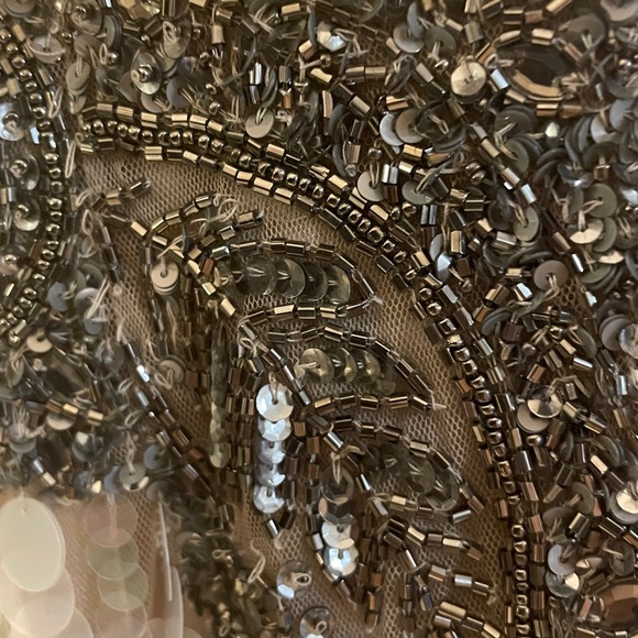 $595 Aidan Mattox Nude Mesh Cream Sequins Pewter Left Hip Beading NWT Dress - Picture 16 of 17